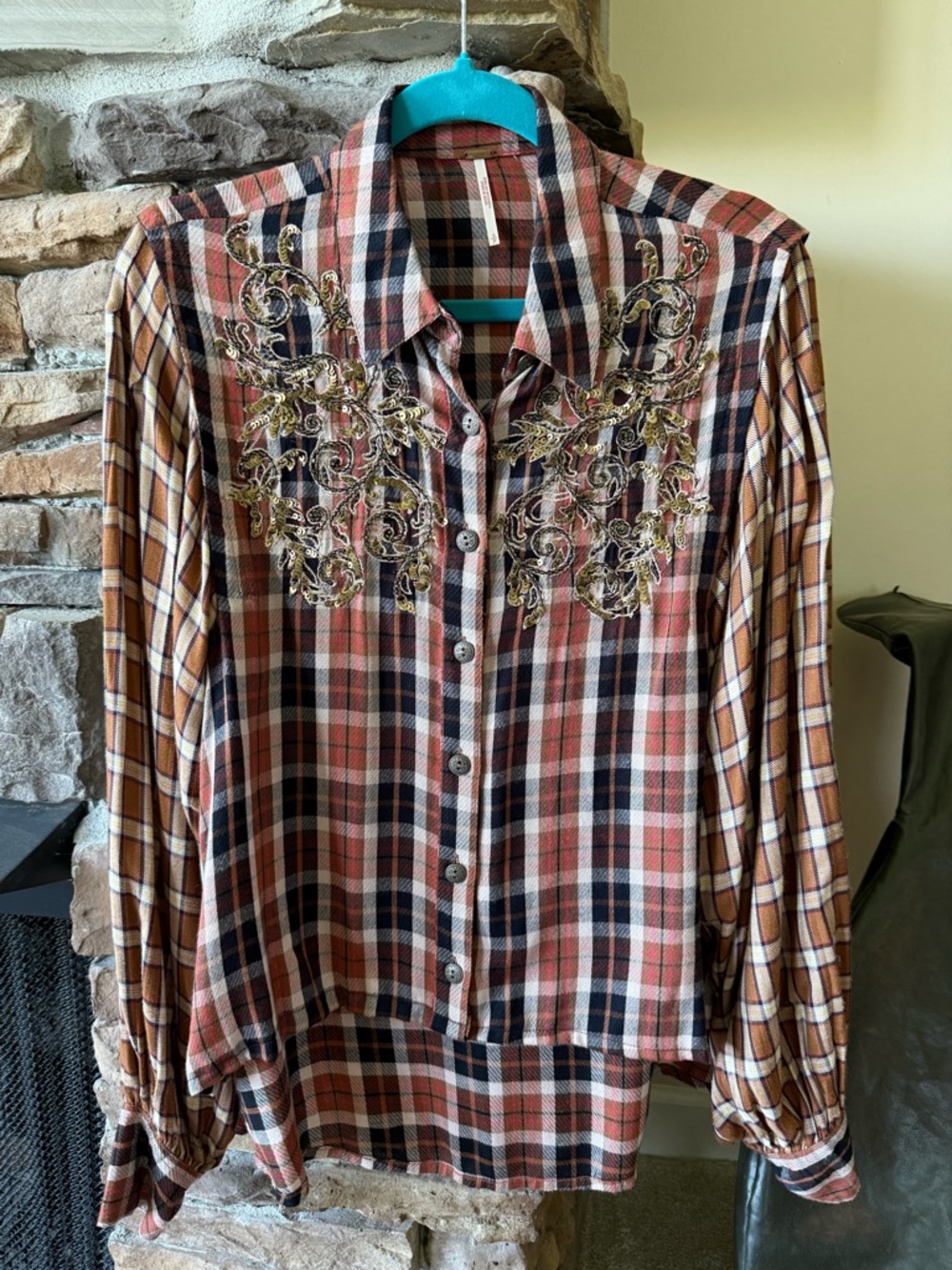 Free People Brown Plaid Button-Up Shirt with Pink Accents